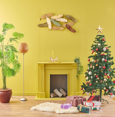 Modern home decoration interior style, classic armchair, fireplace, gift box, fir tree and lamp. Yellow wall and background and carpet.