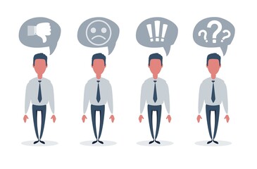 Frustrated businessman or clerk. Male character in simple style. Set. Flat design vector illustration.