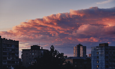 Sunset and storm clouds over the city. Kiev, Ukraine.