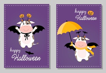 Vector set of Halloween postcards. Cute cartoon cow or bull, symbol of 2021 year, in costume of a bat, with pumpkins and text. Greeting concept on violet background. A4 format for print