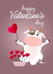 Fototapeta na wymiar Vector colorful Valentines Day postcard. Cute cartoon cow or bull, symbol of 2021 year, holding heart