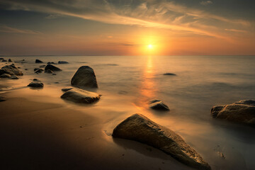 Sunset over the Baltic Sea. Piastowskie Stones