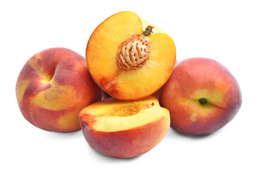 Sweet ripe peaches on white background