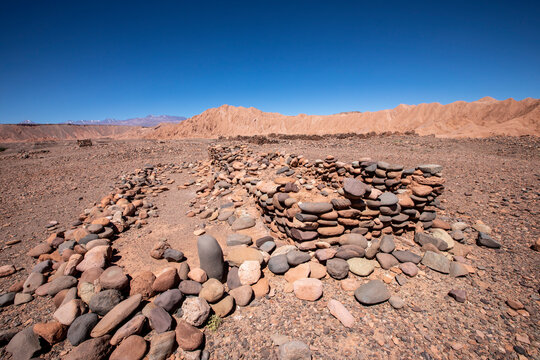 Remnants of rock structures in Tambo de Catarpe, Catarpe Valley in the Atacama Desert, Chile