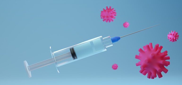 3D rendering illustration, concept illustration of a syringe containing vaccine with many virus, germ in the background