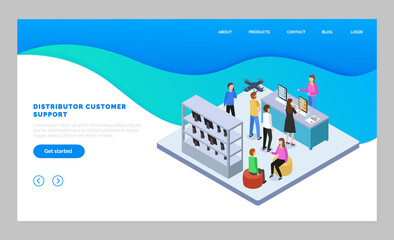 Landing page of website, distributor customer service. Isometric image with people in tech store buying digital device. Online consultation at website with distributors. Personalized help to customers