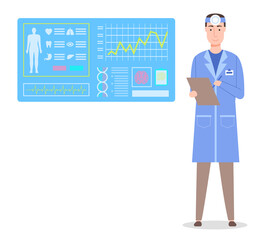 Otolaryngologist with clipboard. Medical scanning of body. Board with information, health condition, cardiogram, brain, heart, lungs, teeth, eyes, stomach liver Doctor physician therapist portrait