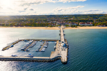Aerial view of the Baltic sea coastline and wooden pier in Sopot, Poland - obrazy, fototapety, plakaty