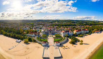 The sunny scenery of Sopot city and Molo - pier on the Baltic Sea. Poland - obrazy, fototapety, plakaty