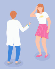 Consultation with doctor. Woman patient has headache, talking with doctor. Physician or therapist with stethoscope standing back. Checking health in doctor.Consultation of doctor, cartoon characters