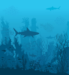Blue underwater landscape with sharks, fishes, coral reefs, huge rocks and see weeds. Tropical undersea world. Vector detail hand drawn illustration of sea-life.