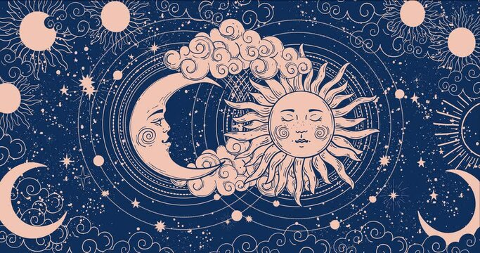 Cartoon background for astrology, tarot, magic and esotericism. Smooth 4K video rendering. Animation of a crescent moon with a face, stars, celestial background