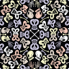 Halloween design showing weird skulls and bones. Skulls are in minimalist style and five different flat colors. They follow two axes of symmetry to form a spooky pattern in homage to Day of the Dead