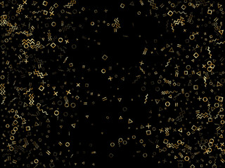 Memphis style geometric confetti vector background of triangle circle square shapes, chevron wavy lines.