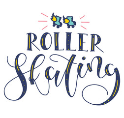 Roller skating colored calligraphy with isolated on white background, Multicolored vector illustration. Fun black text for posters, photo overlays, greeting card, t-shirt print and social media. 