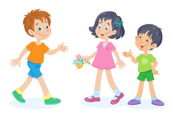 A cute little girl and two cheerful boys are talking together. Children of different nationalities. In cartoon style. Isolated on white background. Vector flat illustration.