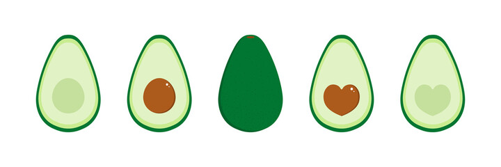 Set, collection of vector cartoon style avocado icons for healthy food, vegan design. Avocado whole and cut in half with seed and without.