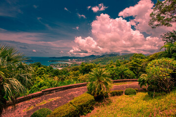 Natural high angle panoramic background With an atmosphere surrounded by mountains and trees, with a blurred wind, cool