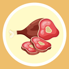 Isolated in circle lean red meat icon. Natural organic meat for culinary. Healthy eating, keeping diet. Delicious food, meat at bone. Ingredient, food, vector icon with cutted peaces of meat