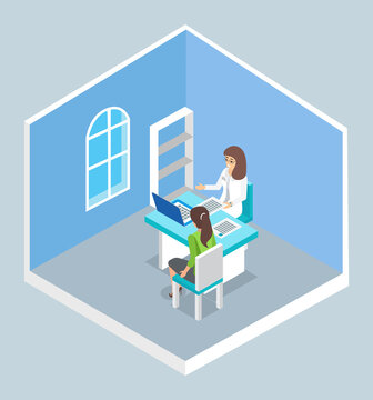 Isolated isometric cartoon characters. Doctor and patient sitting at table. Doctor s reception. Woman consulting with doctor about health. Diagnostic and consultation. Meeting patient and doctor