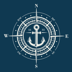 Isolated marine windrose silhouette on blue background. Compass vector navigation label illustrations. © Makhnach