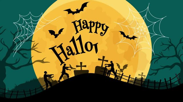Halloween banner In Spooky Night with zombie and witch are walking - Happy Halloween animation. halloween pattern easy to color adjustment