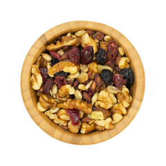 Wood bowl filled with healthy trail mix on a white background