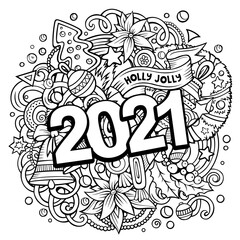 2021 hand drawn doodles illustration. New Year objects and elements poster
