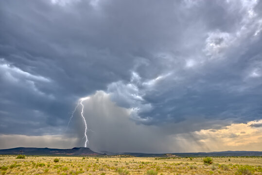 A massive monsoon storm moving over Matterhorn Mesa north of Drake, Arizona