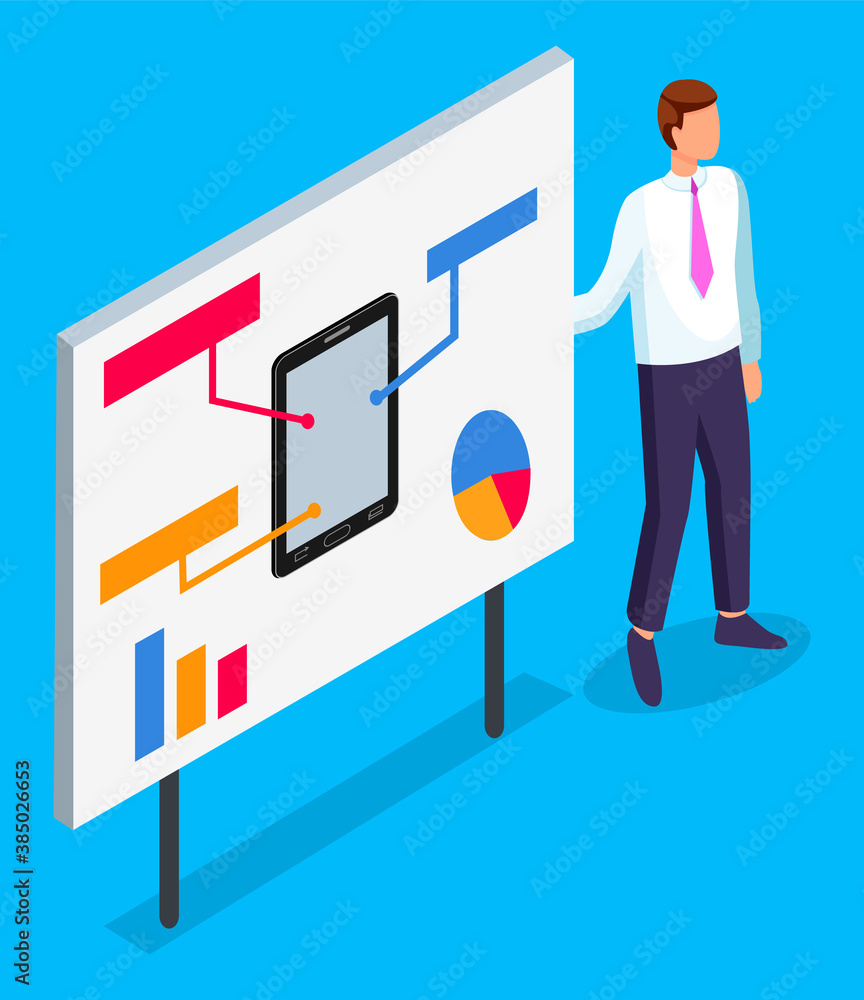 Poster office worker in unifrom standing near board with presentation. tablet or smartphone with text block