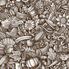 Cartoon cute doodles hand drawn Happy Thanksgiving seamless pattern