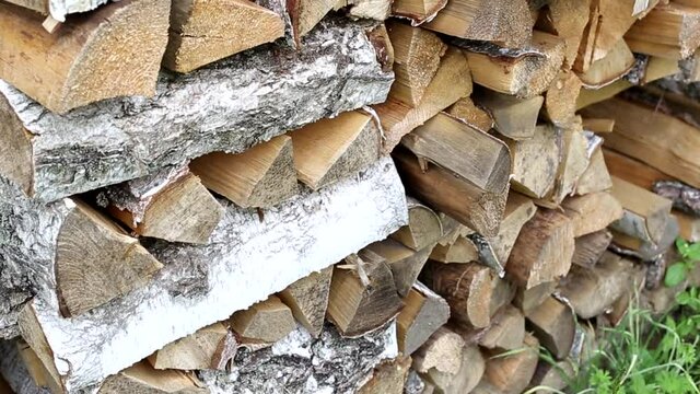 Neatly stacked birch firewood, background