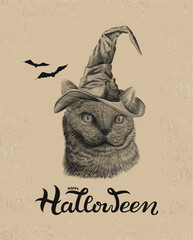 Happy Halloween Poster Print with british cat in witch hat, bat, on antique book page background, Halloween Decor