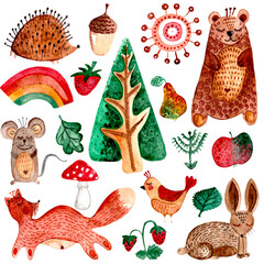 watercolor illustration about forest animals, bear, fox, hare, hedgehog, tree, acorns. For children's textiles, prints, stickers, wallpapers, toys.
