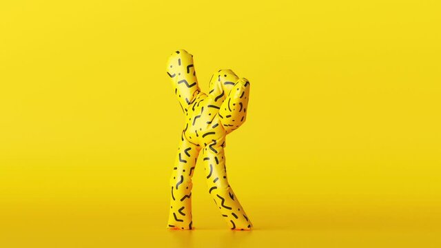 3d cartoon character wearing inflatable costume with abstract pattern dancing over yellow background, funny mascot looping animation, modern minimal seamless motion design