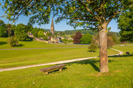 View of Edensor Village in Chatsworth Park, Derbyshire Dales, Derbyshire, England, United Kingdom