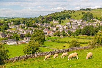 View of dry stone walls and Brassington, Derbyshire Dales, Derbyshire, England, United Kingdom