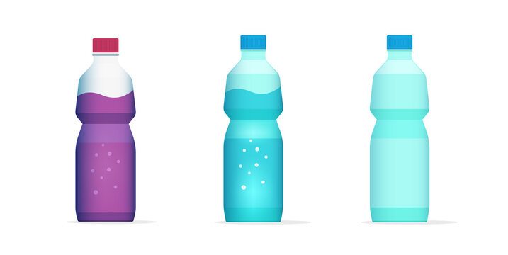 Bottle of water, juice drink beverage flat cartoon full and empty vector icon illustration, blank plastic bottled soda isolated clipart object