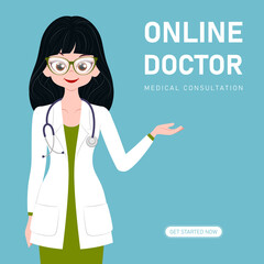 Online medical consultation concept. Young lady doctor character with stethoscope. Web banner template