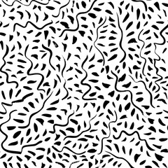 Hand drawn doodle lines with dots vector seamless pattern. Abstract leaves and branches. Grunge black brushstrokes. Hand painted ink background with dashes. Art illustration for wrapping paper