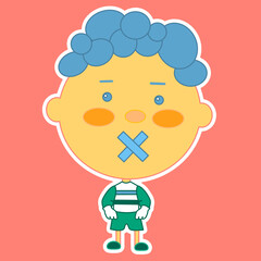 Emoticon with a boy whose mouth is glued with a plaster cross, color vector emoji on a isolated background