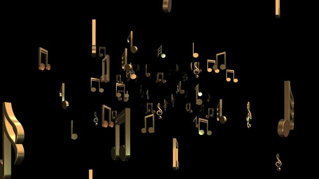 A variety golden musical notes float toward the viewer in a seamless loop on an alpha channel background.