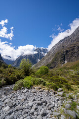 Snow capped mountain in South Island of New Zealand