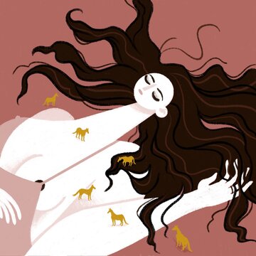 Sleeping woman with tiny horses