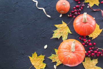 Nice view of pumpkin and autumn leaves. Creative atmospheric decoration