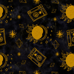 Fototapeta na wymiar Witchcraft golden symbols seamless pattern. Hand drawn magical, zodiac, occult elements. Isolated on dark background. Sorceress collection. Sacred mysterious art. Trendy design for wrapping.