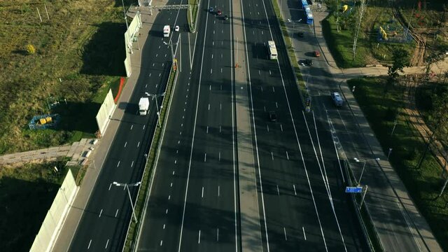 Aerial view of Kaluzhskoye highway, flying towards Moscow centre, Russia