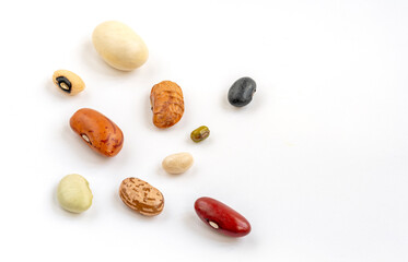 Macro varieties of  healthy and organic beans on white background. Close up mix beans.
