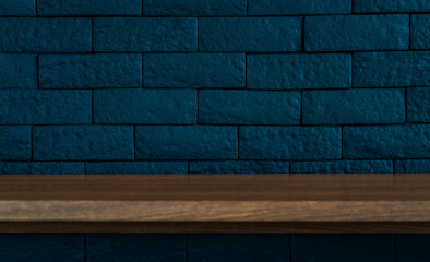 Beautiful background, long wooden desk on dark blue wall, brick wall. Empty space for product...