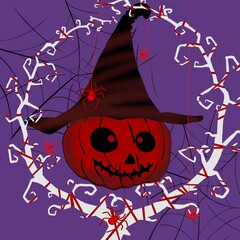 halloween background with pumpkin, spiders, gothic branches